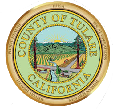 Seal of Tulare County, California, showing an agricultural landscape with mountains, sunrise, trees, and a river, encircled by the words COUNTY OF TULARE CALIFORNIA and departments like Public Health and Fiscal Operations.